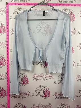 Divided cardigan shirt top Sheer Tie-Front Crop Cardigan in Light Blue ribbon